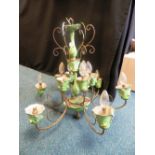 A green porcelain floral hanging chandelier with six branches and twelve lights fitted for