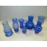 Seven assorted Bristol Blue style vases in various shapes and forms