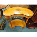 An Edwardian satinwood and later inlaid kidney shape two tier occasional table on slender tapering