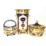 Three Royal Crown Derby Imari miniatures including a circular pot and cover,