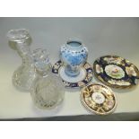 A Dutch delft blue and white vase, a ship's decanter and stopper,