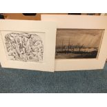 A collection of prints and drawings to include a drawing by Adrian Hill, dated '51,