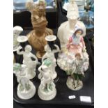 A selection of figures to include a pair of parian candlesticks,