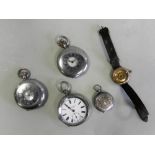Two silver cased half hunter pocket watches together with an open face example,