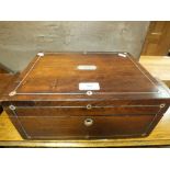 A Victorian rosewood and pewter strung work box with pull out tray to the interior covered in Mabel