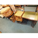 A selection of furniture to include: a circular oak top coffee table, upholstered footstool,
