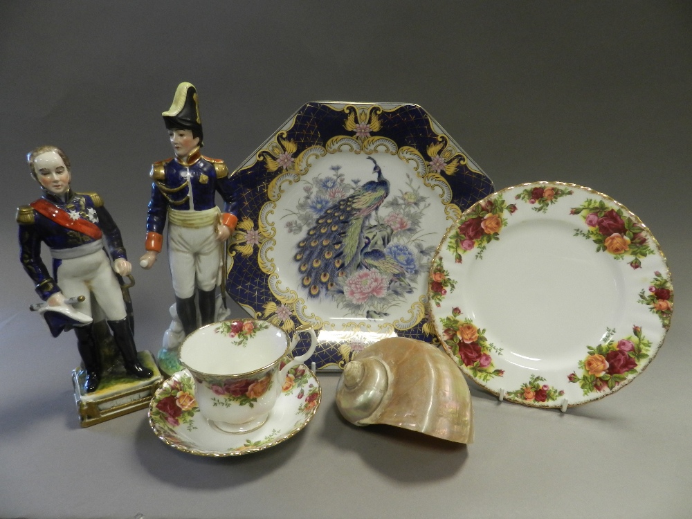 Decorative and collectable ceramics and tablewares to five trays including two Napoleonic figures,