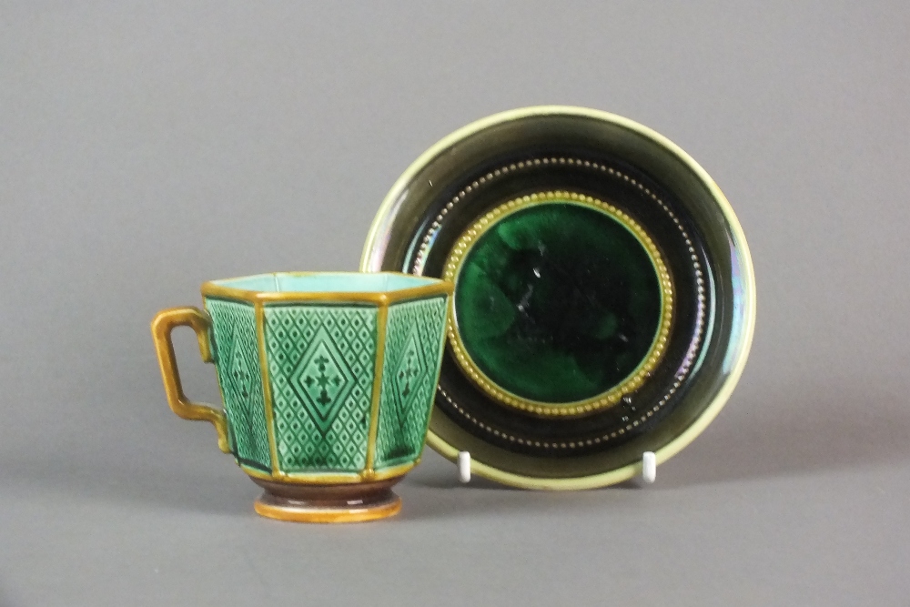 A Wedgwood majolica cup and saucer, late 19th century,