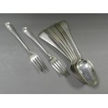 A set of six silver Victorian table spoons together with two silver table forks