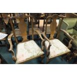 Two Queen Anne style splat back open armchairs on shell headed cabriole legs and pad feet