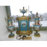 A French Sevres style clock garniture,