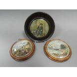 A quantity of Prattware pot lids including the Chin-chew river, harbour of Hong Kong,