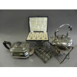 Metalwares to include a toast rack, serving dishes, teapot, twin handled sugar dish,