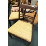 A 19th century mahogany box seat stool with later brocade top and two bar back dining chairs