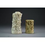 Two Chinese Canton ivory tusk vases or brush pots, 19th Century,