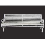A roll back cast iron and painted wood slat seat garden bench,