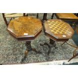 Two Victorian walnut octagonal top trumpet work tables, one with parquetry chequerboard top,
