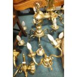 Two gilt metal six branch chandeliers and a pair of two branch wall appliques,