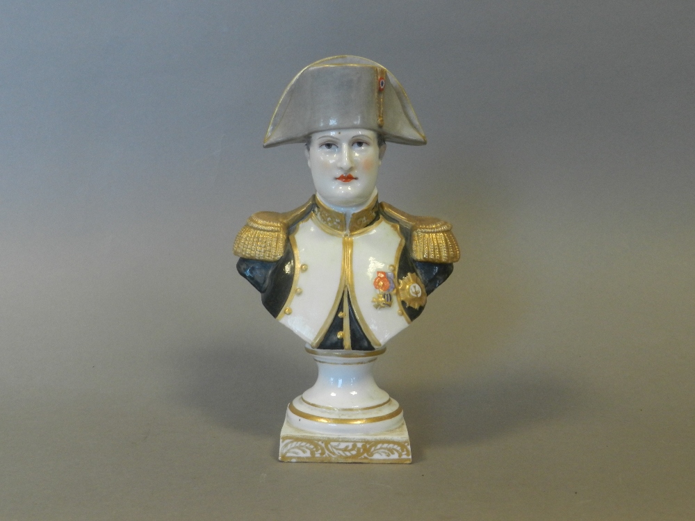 A French porcelain Meissen-style portrait bust of Napoleon Bonaparte, 18cm high.