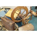 A mixed lot to include a cased Singer sewing machine, beech framed spinning wheel,