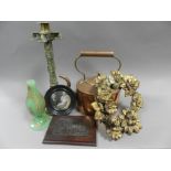 Metal wares to include a pair of 17th century style brass candlesticks,