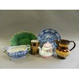 19th century British pottery to include blue printed plates, copper lustre jugs,