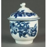 A Caughley sucrier and cover transfer-printed in a rare underglaze blue Three Flowers and Hips