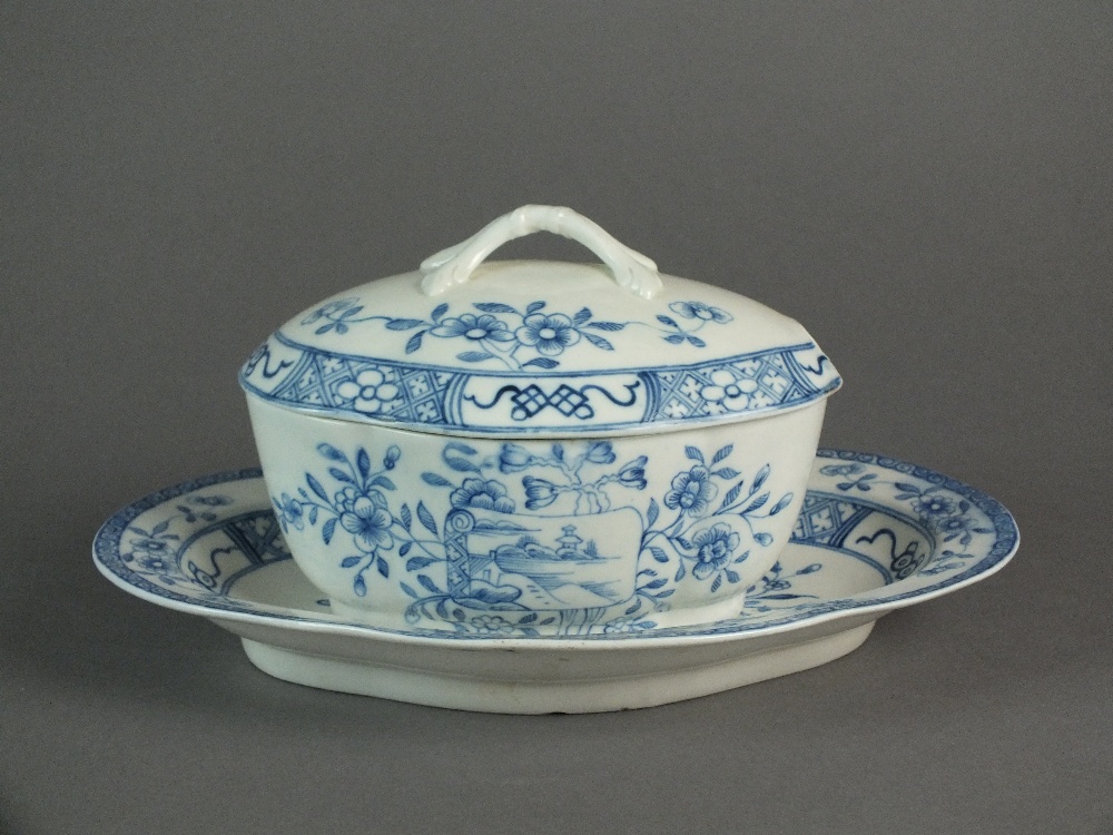 A very rare Caughley dessert tureen, cover and stand painted with the Flowery Cartouche pattern, - Image 2 of 3