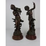 A pair of French bronzed spelter figures Pecheur and Ruisseau after Auguste Moreau,