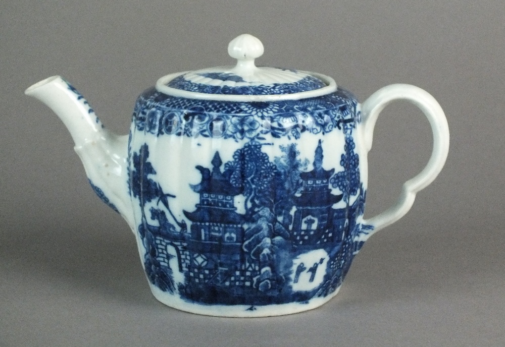 A Caughley teapot and cover transfer-printed with the Pagoda pattern, circa 1785-95, S mark,