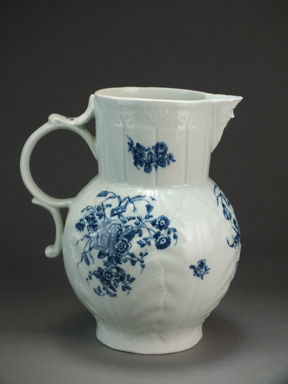 A Caughley mask head cabbage leaf jug transfer-printed in the Bouquets pattern, circa 1776-79, - Image 2 of 5