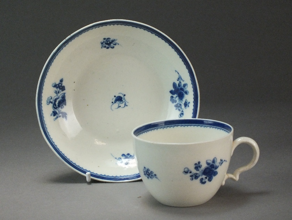 A Caughley teacup and saucer painted with the Salopian Sprig pattern, circa 1786-94, S mark, cup 5. - Image 2 of 2