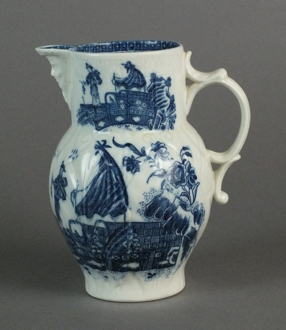 A Caughley mask-head jug transfer-printed with the Fisherman or Pleasure Boat pattern, circa 1785,