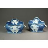 A pair of Caughley powder blue dessert tureens and covers painted in the Rock,