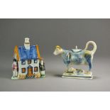 A 19th century prattware money box formed as a house flanked by male and female figures,