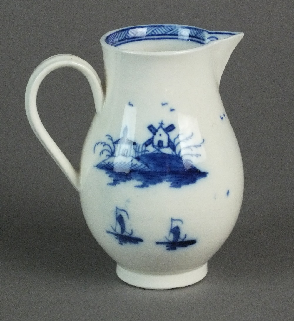 A Caughley sparrow beak jug painted with the Bridge and Windmill pattern, circa 1785-92, S mark, 9. - Image 2 of 4