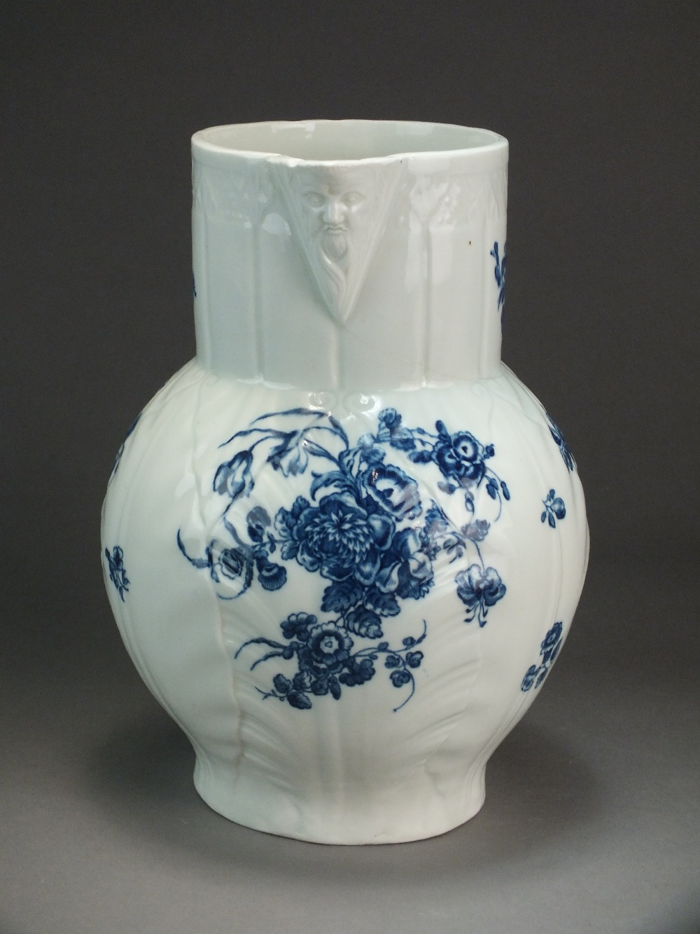 A Caughley mask head cabbage leaf jug transfer-printed in the Bouquets pattern, circa 1776-79, - Image 3 of 5
