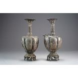 A pair of Japanese enamelled silver vases, signed Kazuyuki, Meiji period,