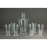 A Lalique Crystal set of six glasses and a decanter with stopper, the decanter 24cm high,