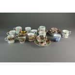 A collection of English 19th century coffee cups and two teacups and saucers, including New Hall,