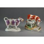 A pearlware pink lustre cow creamer and cover, early 19th century, 12cm high,