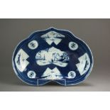 A powder blue Caughley heart-shaped dessert dish painted with in the Fan Panelled Landscape pattern,