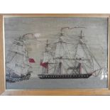 A Victorian coloured wool work picture of Royal Navy vessels including a steam driven single deck