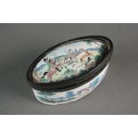 An oval enamel patch box of Bilston type, 18th century, painted with hunting scenes of horses,