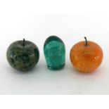 Two fruit shaped paperweights, one an apple, the other an orange, together with a small Victorian