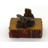 A wooden three compartment stamp box, the lid with a cold painted model of a pheasant standing