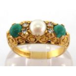 A 9 carat gold, cultured pearl, white stone and turquoise ring, the shank fully hallmarked, finger