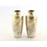 A pair of small Japanese silver vases, marked to bases with two Japanese character panels,