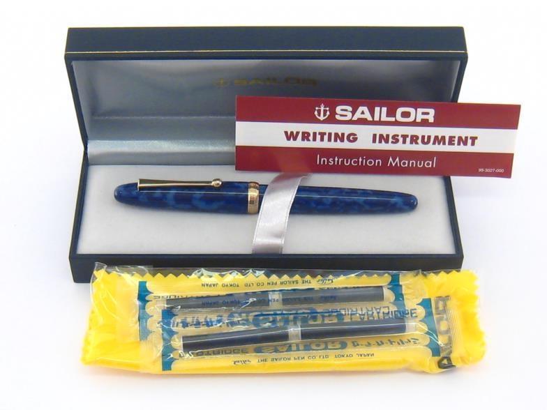 Sailor, a limited edition blue resin fountain pen, no. 114/150, with broad nib and cartridge