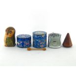 A mixed lot comprising a tapered boxwood plumber’s cone dolly, two decoratively enamelled brass